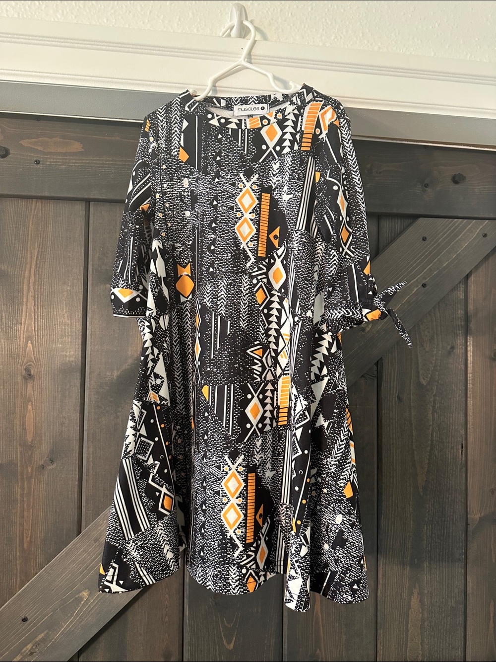 Girls' Black & Orange Geo Print Tie-Sleeve Formal Dress